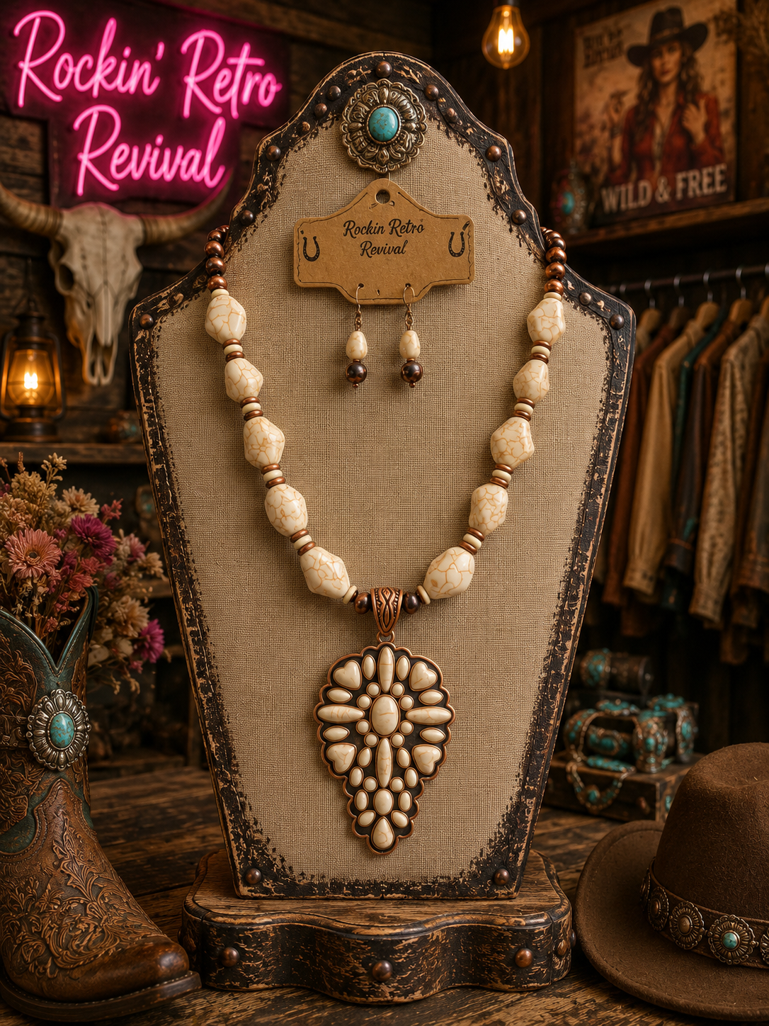 Wild & Free Concho Necklace & Earring Set displayed on a vintage jewelry bust in a western boutique setting