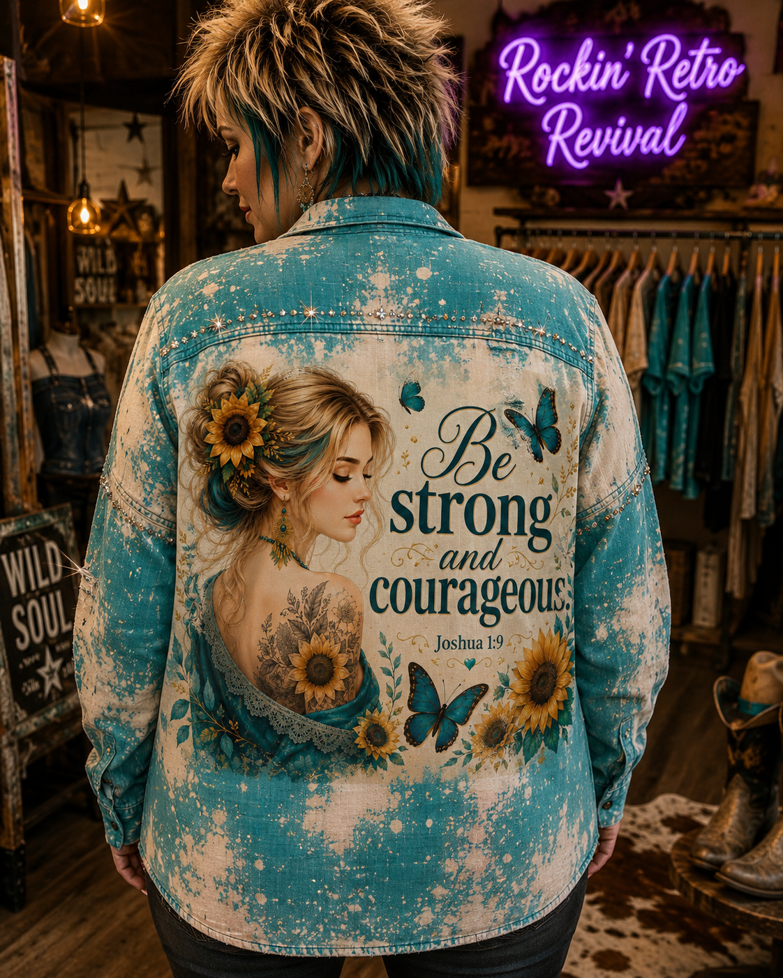 Turquoise & White Distressed Flannel Shirt – Be Strong and Courageous