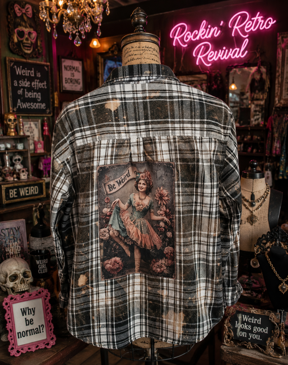 Be Weird Vintage Graphic Plaid Shirt Jacket