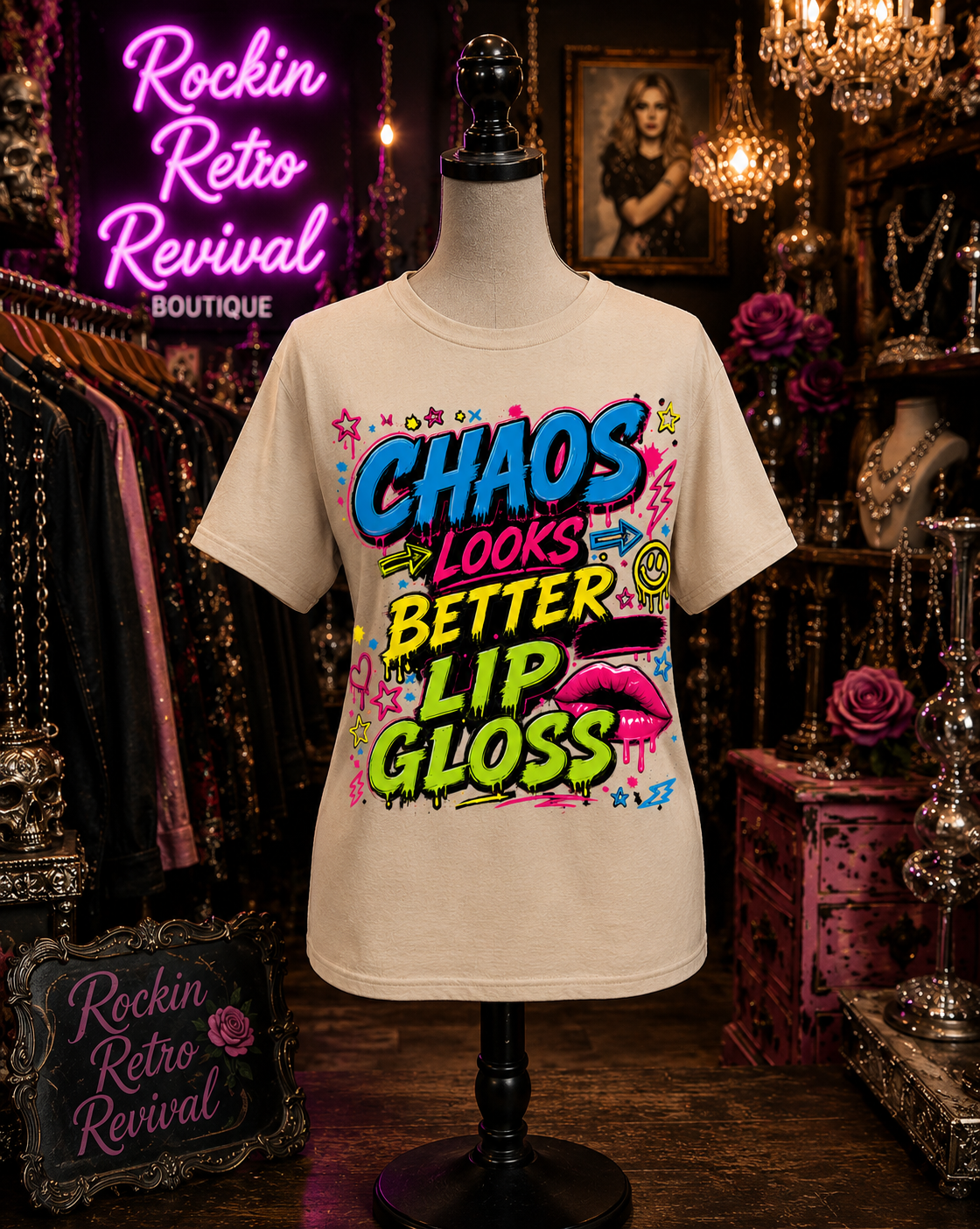Chaos Looks Better Lip Gloss Graphic Tee