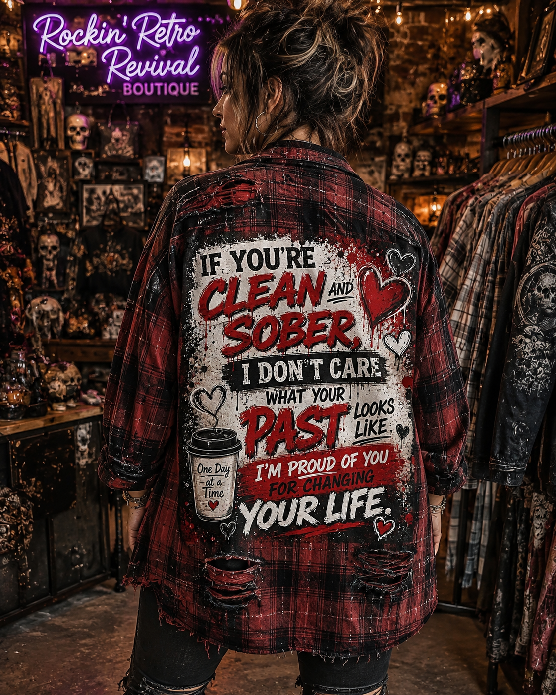 One Day At A Time – Sobriety Graphic Red & Black Plaid Flannel Shirt