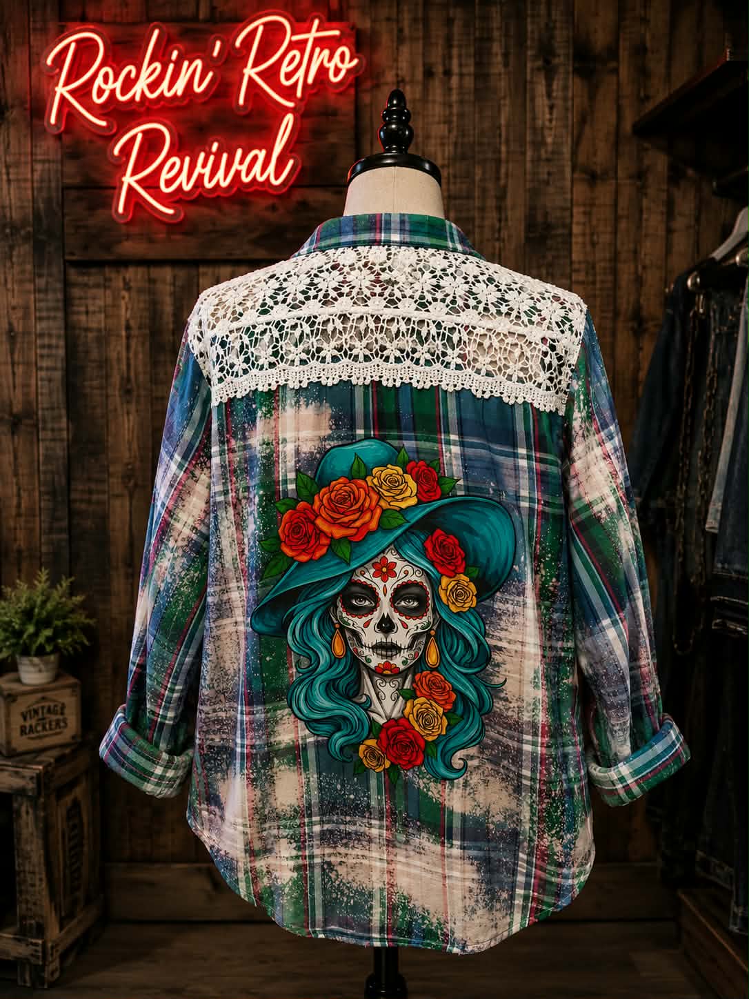 Día de los Muertos Lace Plaid Flannel Shirt
