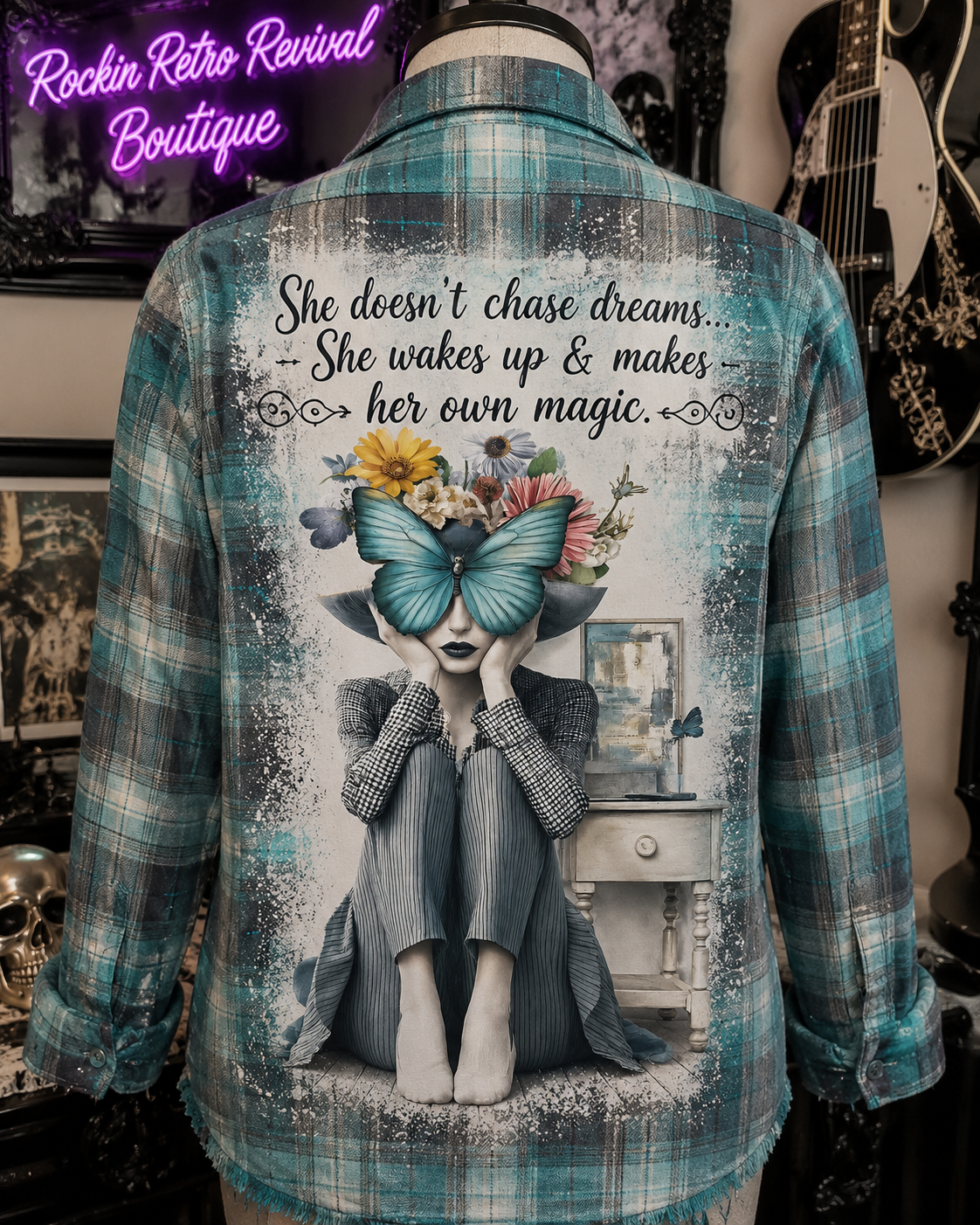 She Makes Her Own Magic – Butterfly Floral Graphic Plaid Flannel Shirt