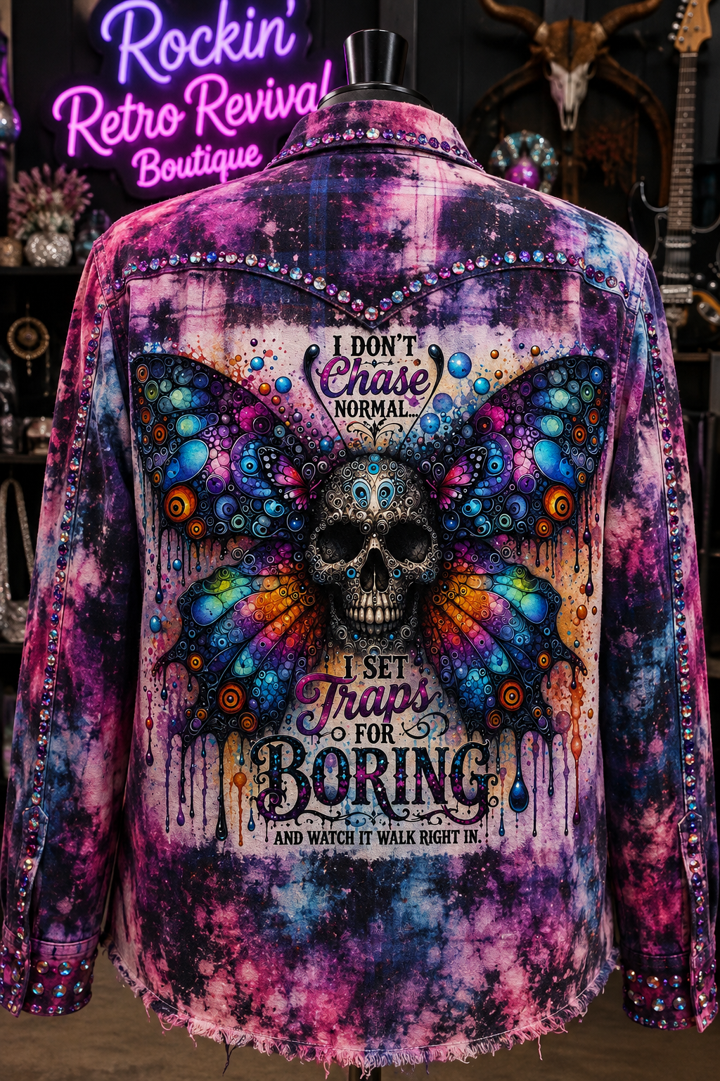I Don't Chase Normal – Tie-Dye Sugar Skull & Butterfly Flannel Shirt