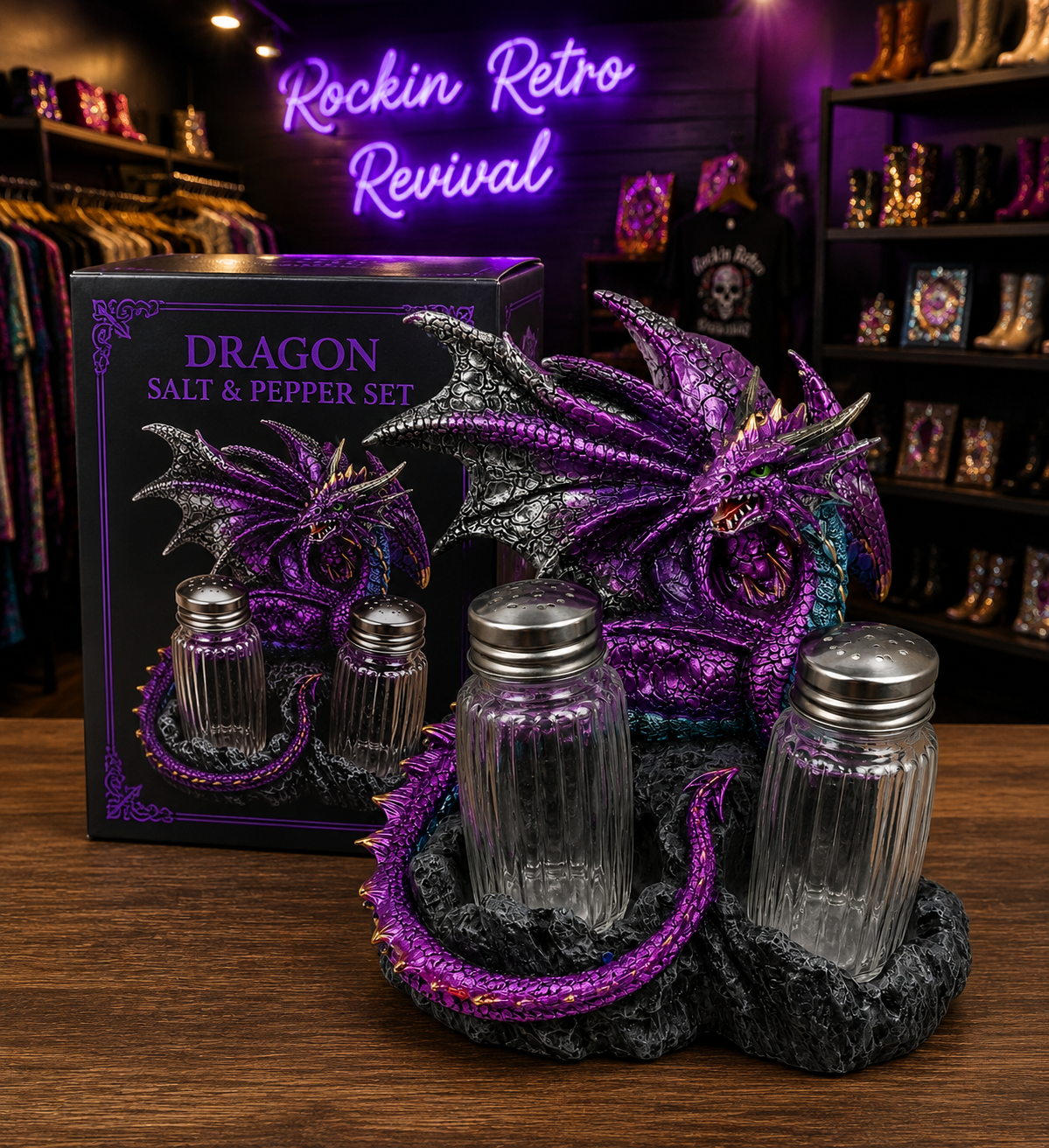 Purple Dragon Salt & Pepper Shaker Set with Rock Base