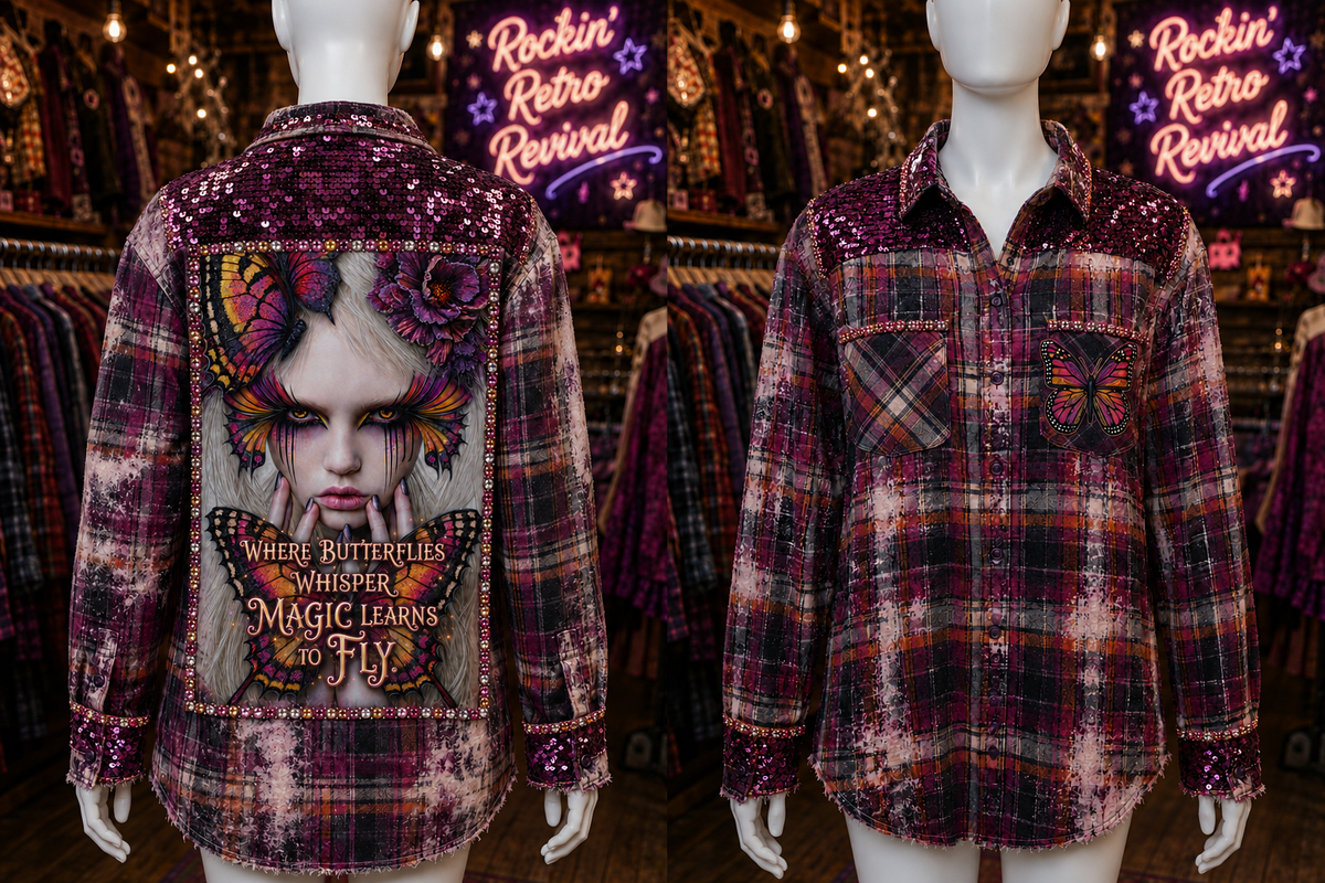 Where Butterflies Whisper, Magic Learns to Fly — Upcycled Sequin Flannel