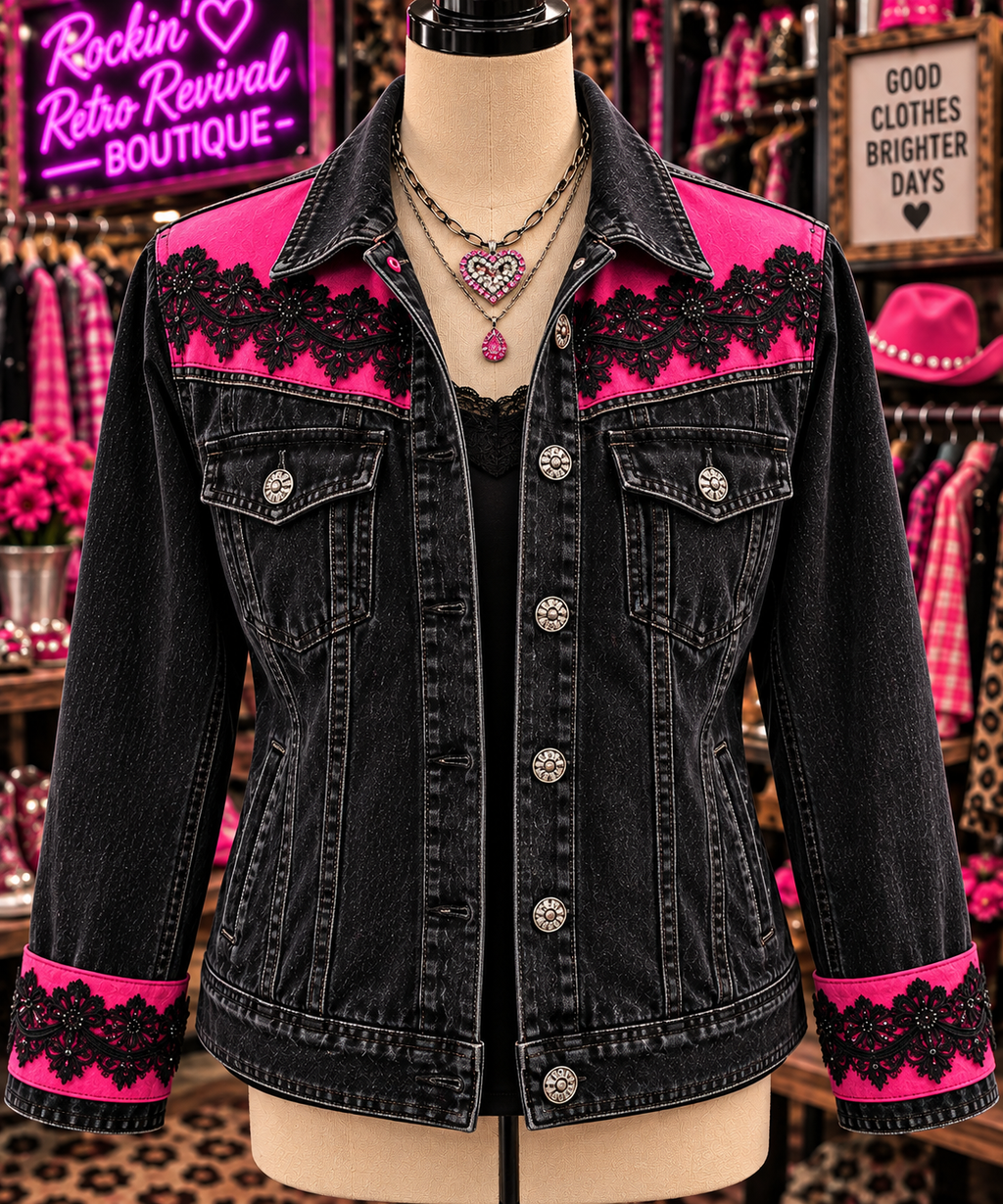 Dolly — Pink Velvet & Lace Black Denim Jacket