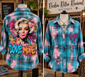 Love More XOXO graffiti bleached teal and pink flannel shirt - back and front view