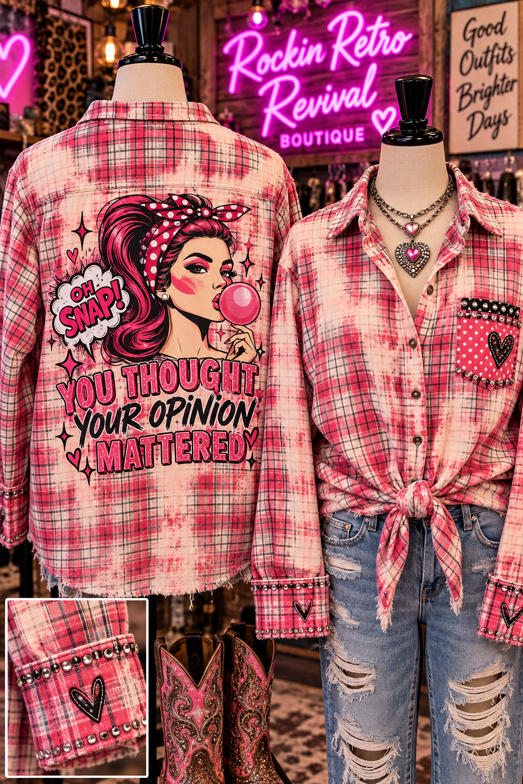Pink & Red Plaid Graphic Flannel Shirt – 'You Thought Your Opinion Mattered'