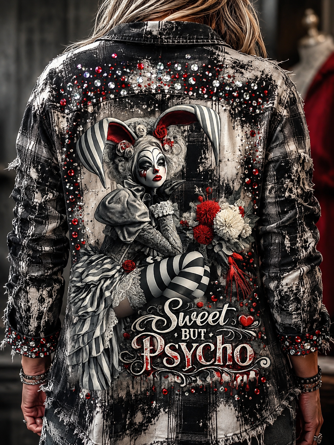 Sweet but Psycho Rhinestone Gothic Jester Flannel Shirt