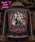 I Beg Your Parton black denim jacket back view on mannequin with leopard print panels and rhinestone trim
