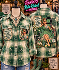Good Morning — Coffee Graphic Green & Cream Plaid Flannel Shirt