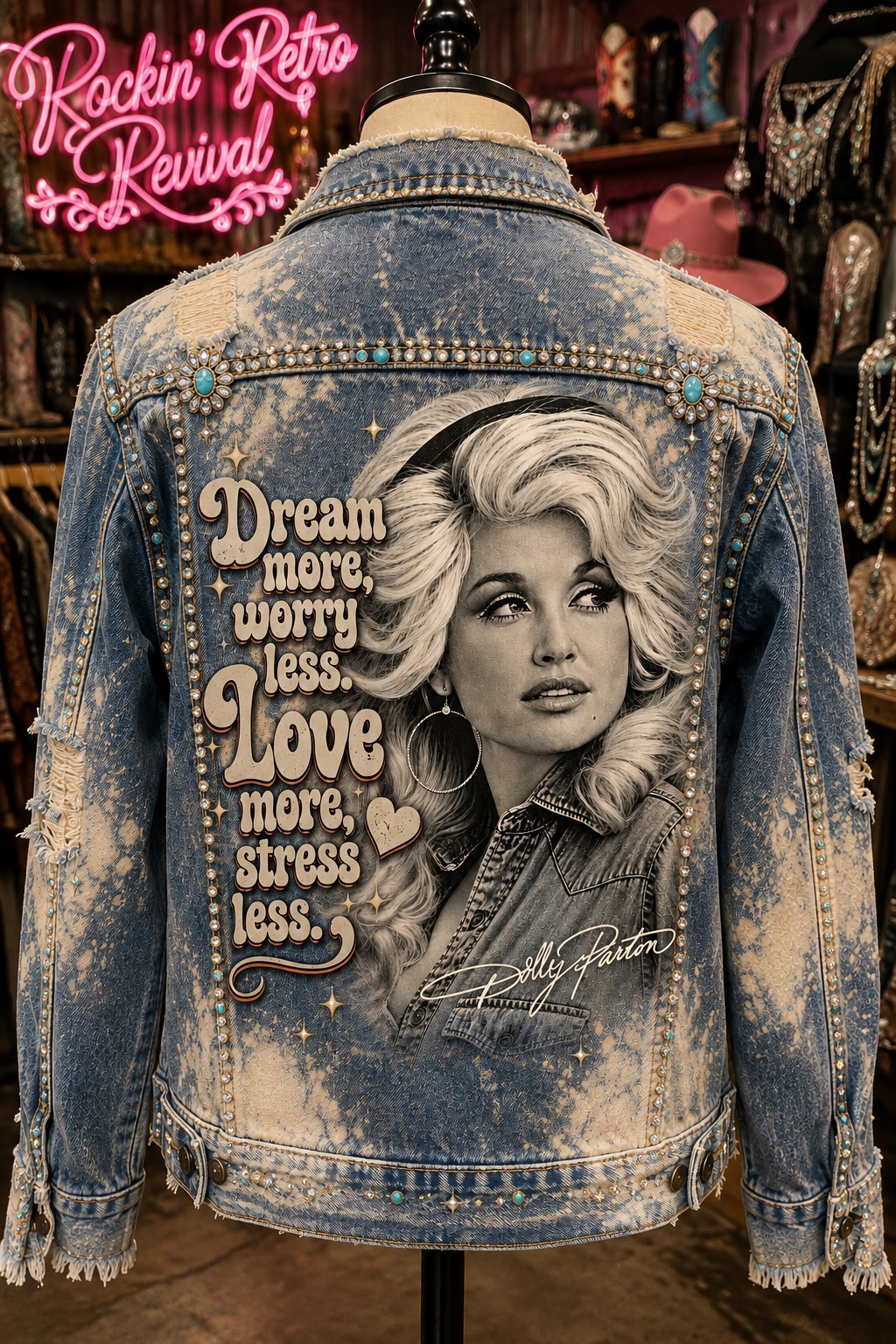 Dream More Worry Less Bleached Denim Jacket