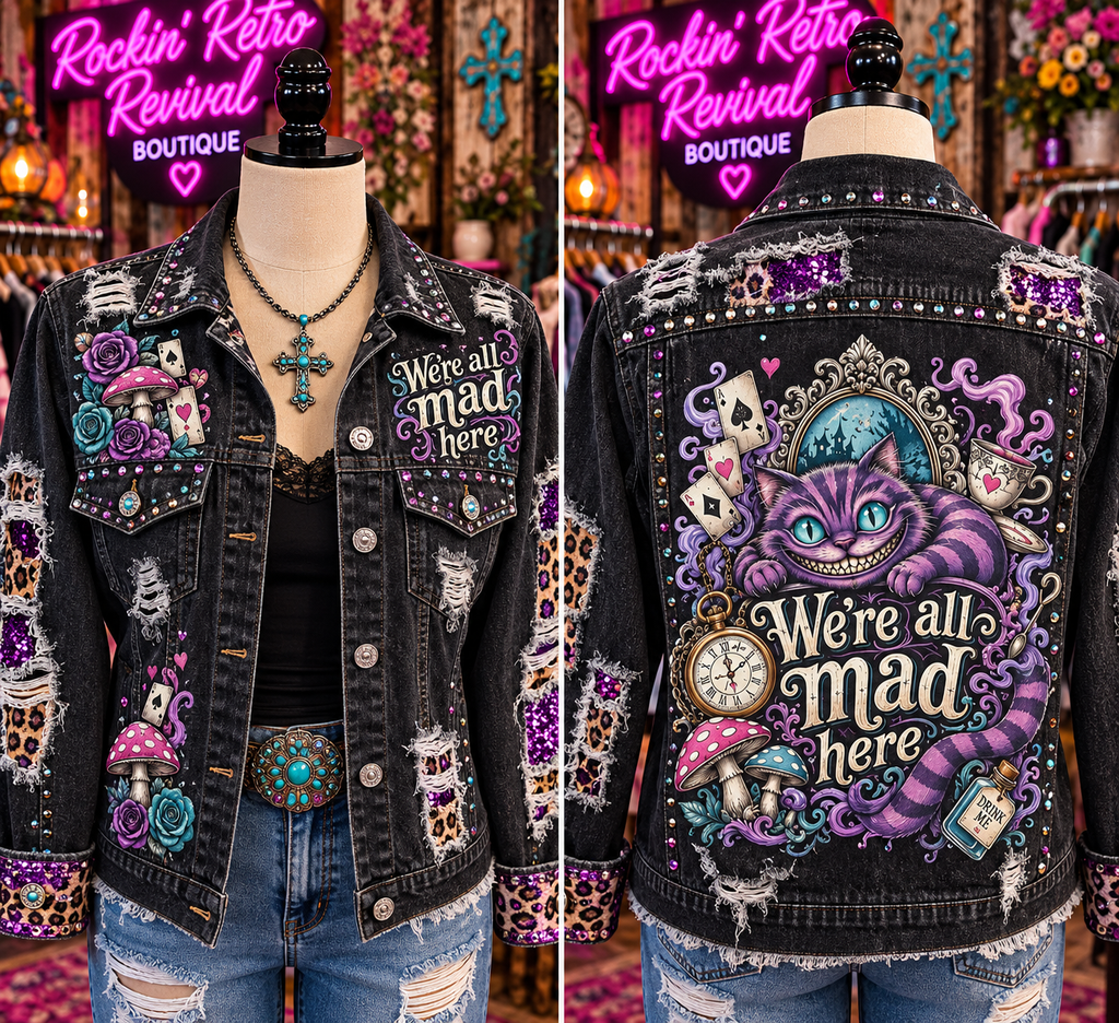 Black Distressed Denim Jacket – 'We're All Mad Here' Graphic