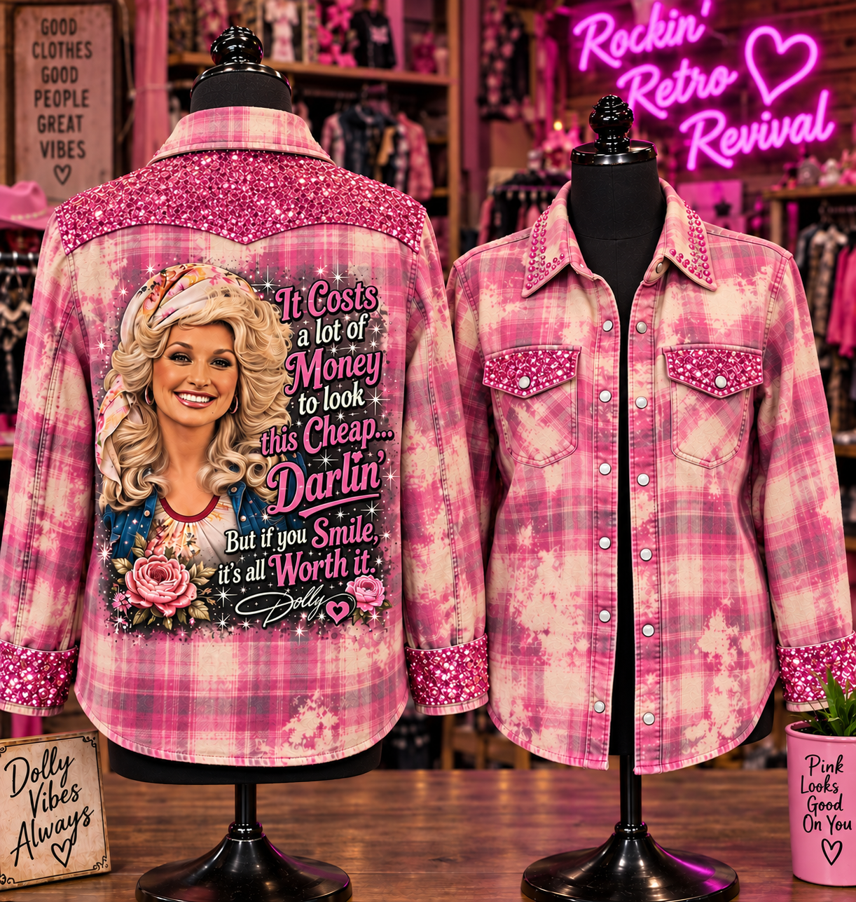 Pink Plaid Flannel Shirt – Blonde Portrait Back Graphic