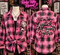 Pink and black buffalo plaid flannel shirt with Marilyn Monroe chest graphic and bold back script reading Put On Some Lipstick and pull yourself together, shown front and back on mannequin