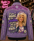 Purple sequin denim jacket back view on mannequin with floral embroidery and Dolly Parton rainbow quote graphic
