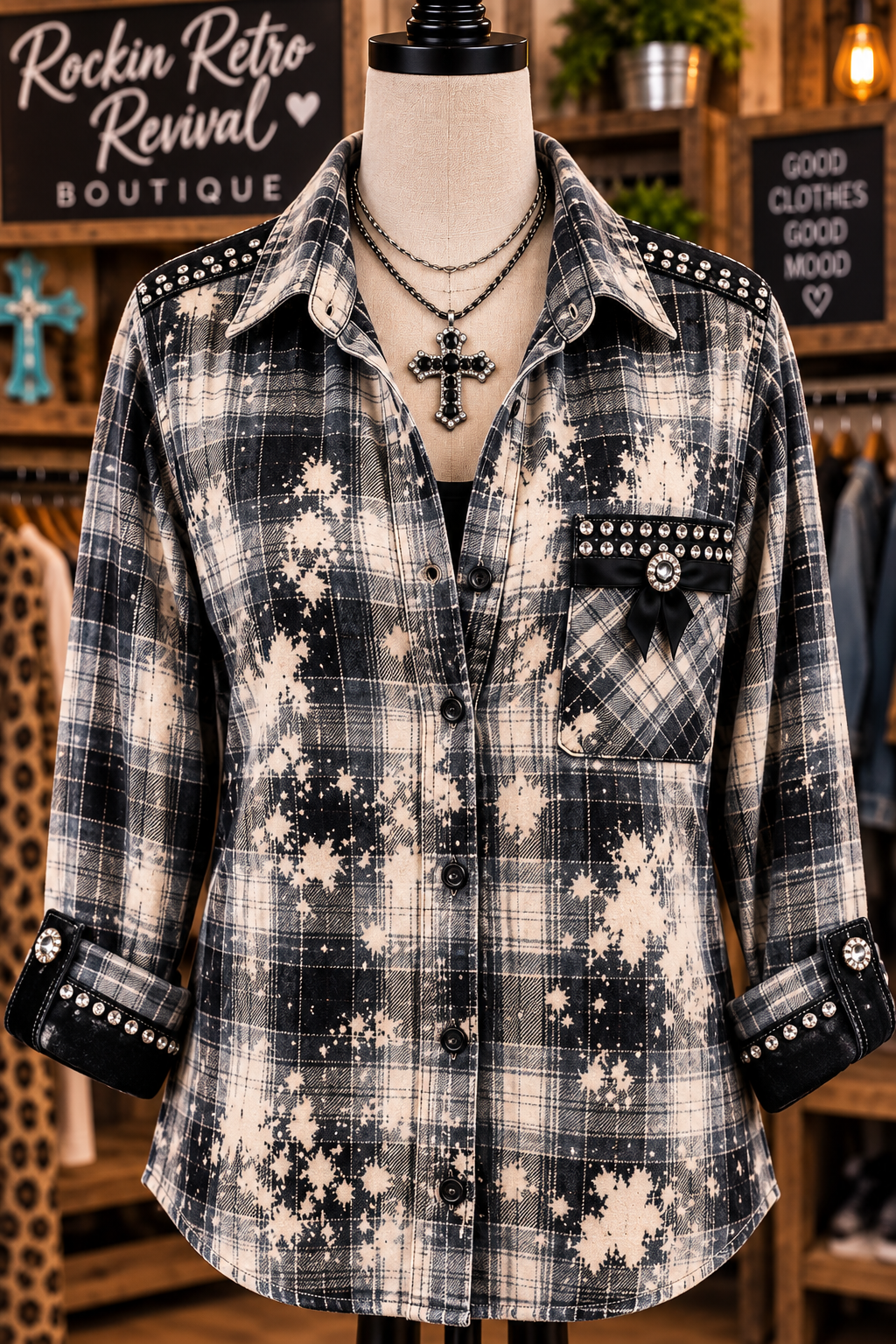 Shhh No One Cares Rhinestone Bleached Flannel Shirt