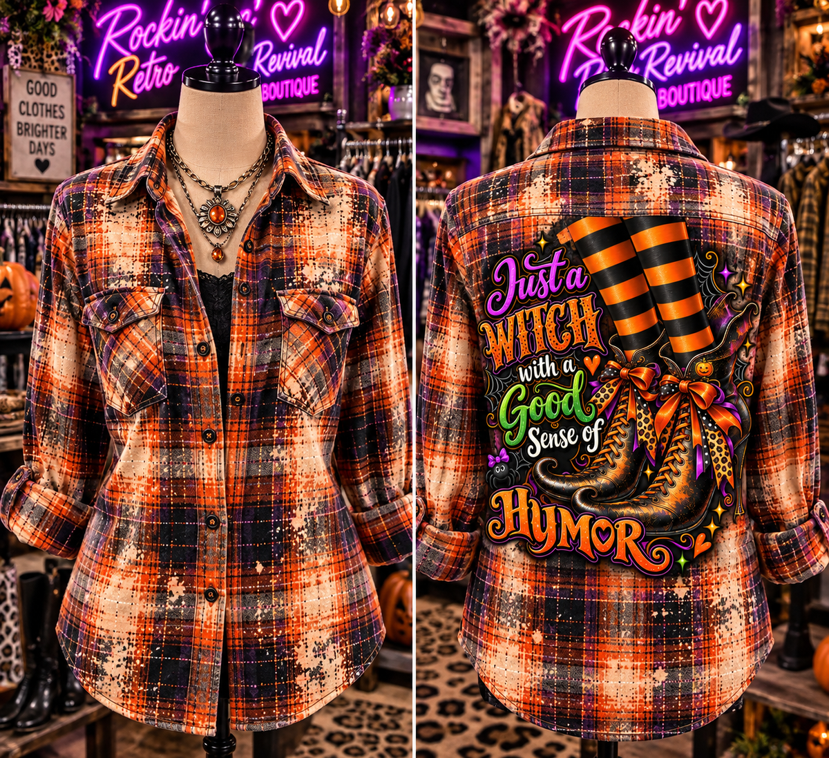 Just a Witch with a Good Sense of Humor — Halloween Plaid Flannel Shirt