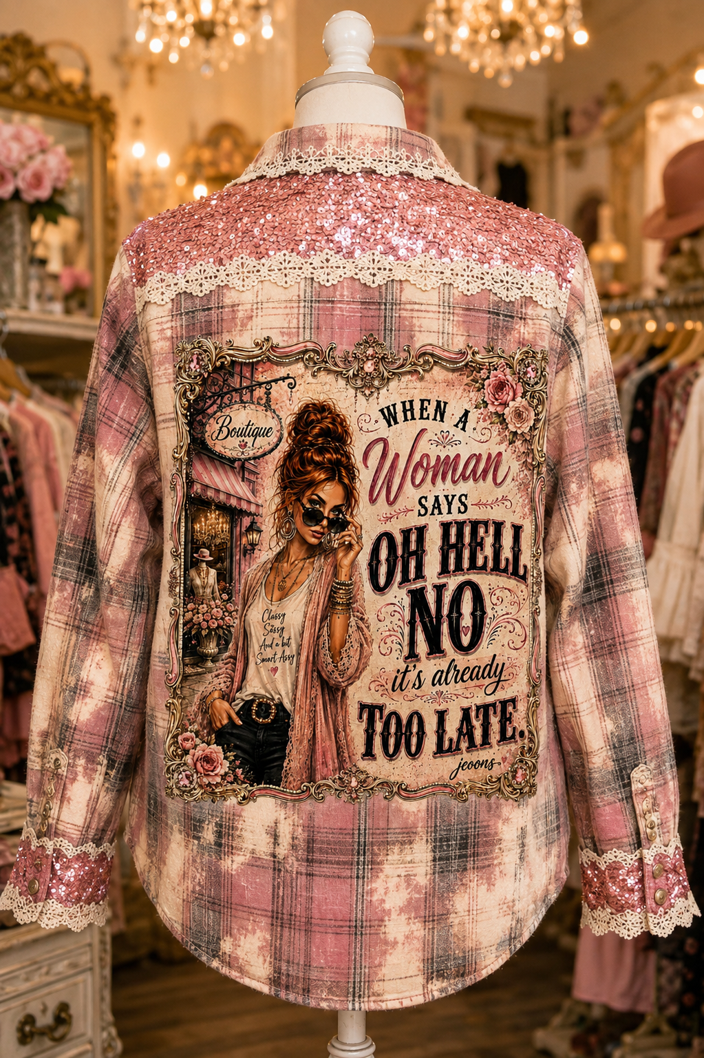 Pink Plaid Long-Sleeve flannel – Sequined Lace & Vintage Back Graphic
