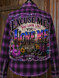 Excuse Me You Look Like You Love Me Rhinestone Purple Plaid Flannel Shirt