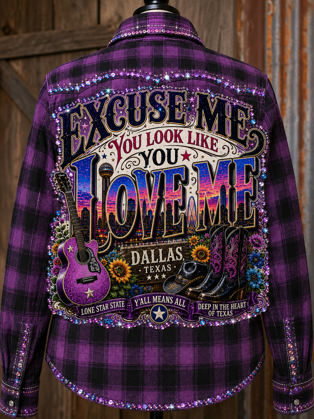 Excuse Me You Look Like You Love Me Rhinestone Purple Plaid Flannel Shirt