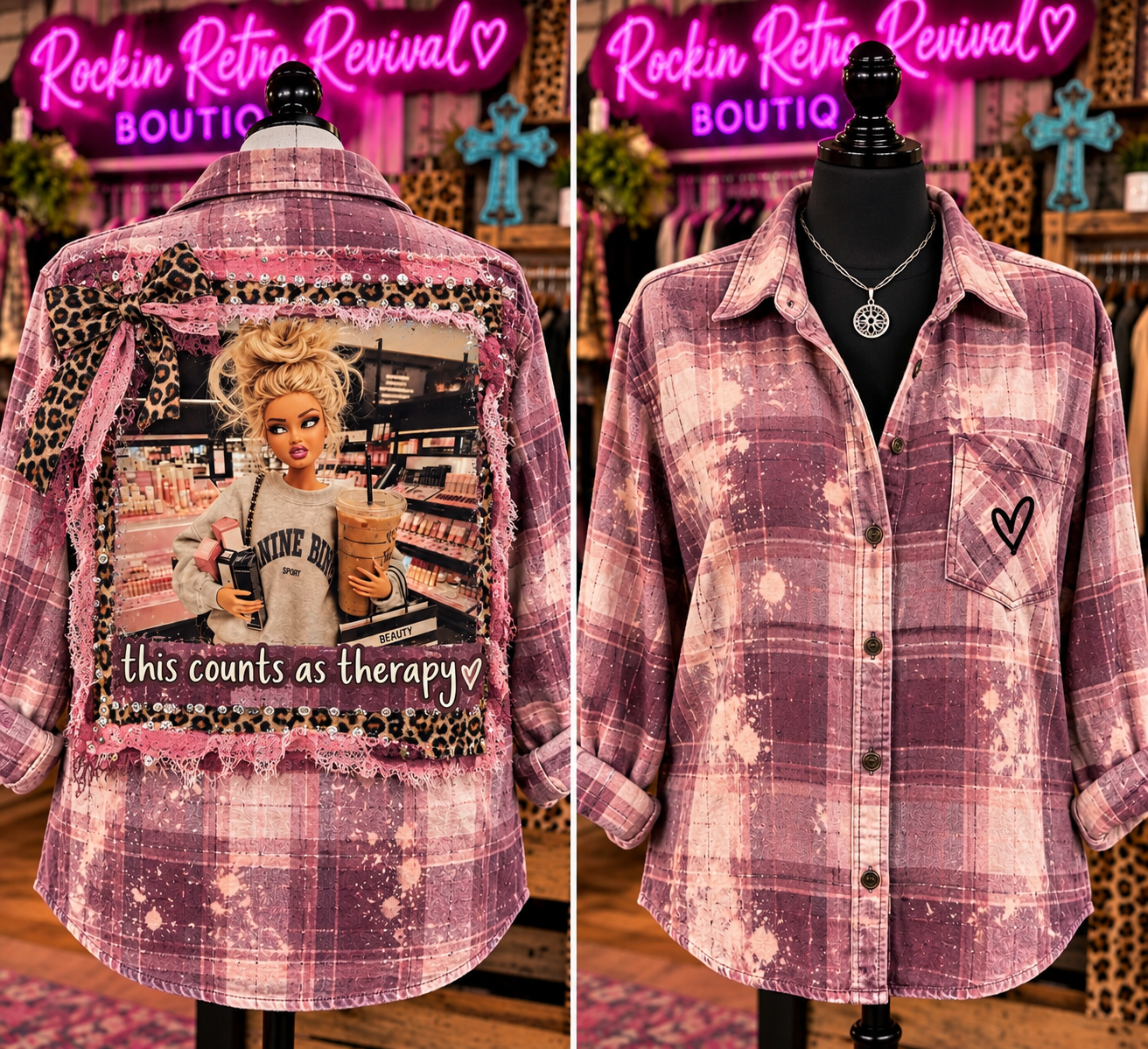 This Counts as Therapy embellished bleached mauve flannel shirt - back patch with lace and rhinestones, front with heart pocket