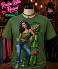 Olive green Mountain Dew retro pin-up graphic tee on mannequin in boutique setting