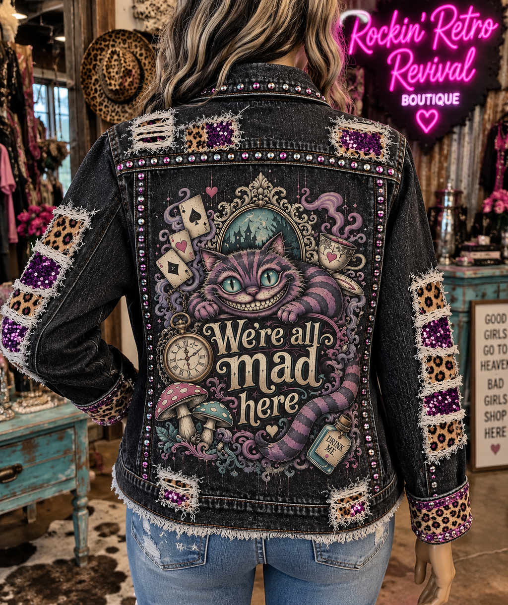 Black Distressed Denim Jacket – 'We're All Mad Here' Graphic