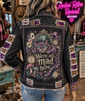 Black Distressed Denim Jacket – 'We're All Mad Here' Graphic