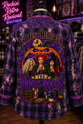 I'm Just Here for the Hocus Pocus purple acid-wash plaid flannel back view on mannequin with Sanderson Sisters Halloween graphic and gold rhinestone trim