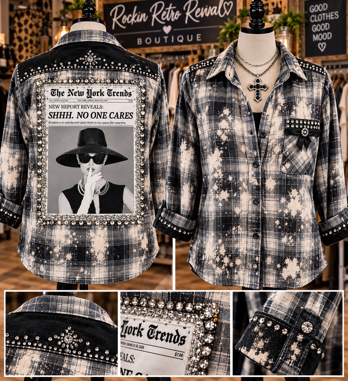 Shhh No One Cares Rhinestone Bleached Flannel Shirt
