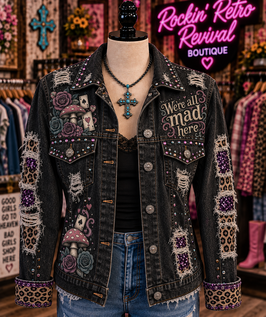 Black Distressed Denim Jacket – 'We're All Mad Here' Graphic