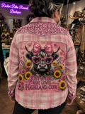 Just a Girl Who Loves Highland Cow Sequin Pink Plaid Flannel Shirt