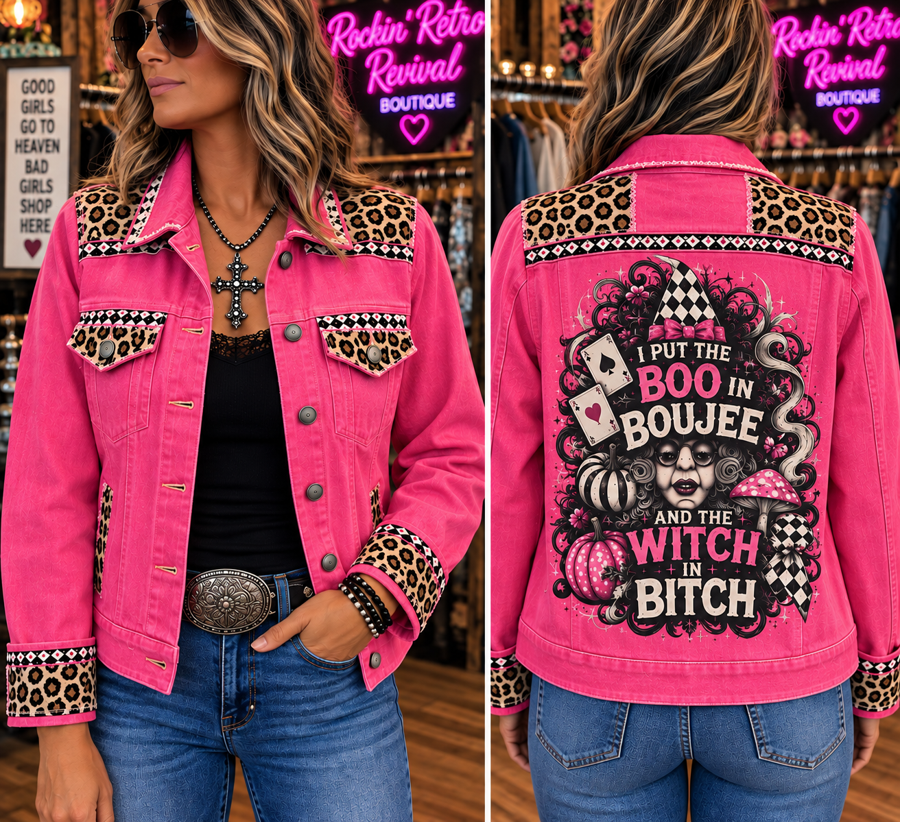 Pink Leopard Print Linen Jacket – 'I Put The Boo In Boujee And The Witch In Bitch'