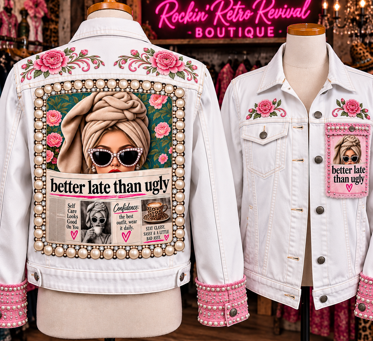Better Late Than Ugly Embellished White Denim Jacket