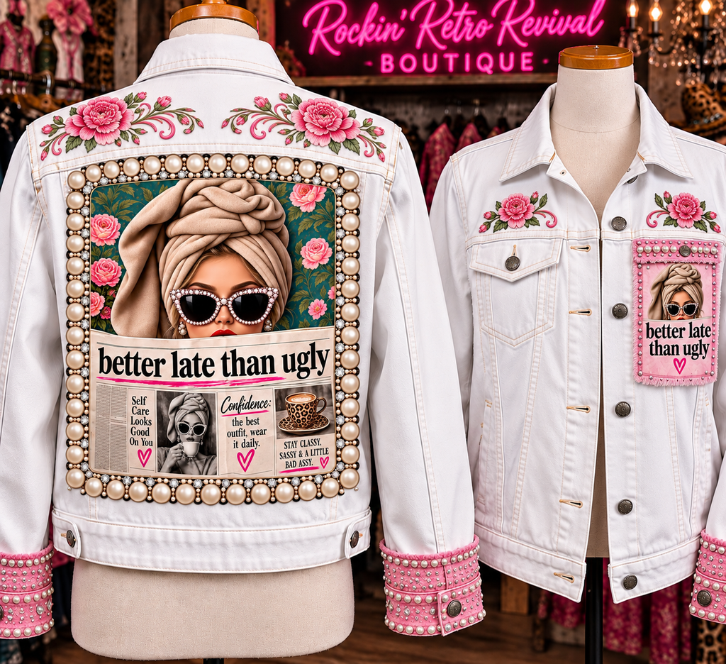 Better Late Than Ugly white denim jacket with pink floral embroidery, pearl beaded cuffs, and bold back graphic, shown front and back on mannequin