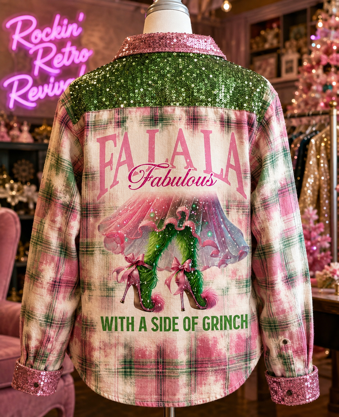 FALALA Fabulous With a Side of Grinch Bleached Flannel