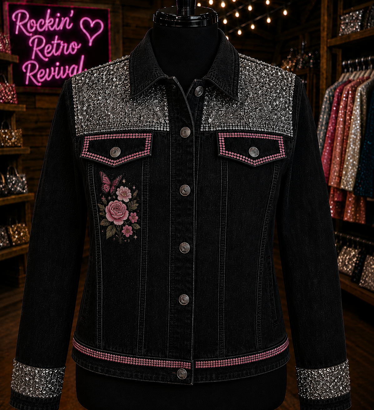 Dolly Parton Rhinestone Graphic Black Denim Jacket