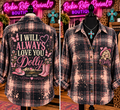 I Will Always Love You Dolly tribute bleached charcoal and pink flannel shirt - back graphic with butterflies and boots, front with Dolly portrait pocket