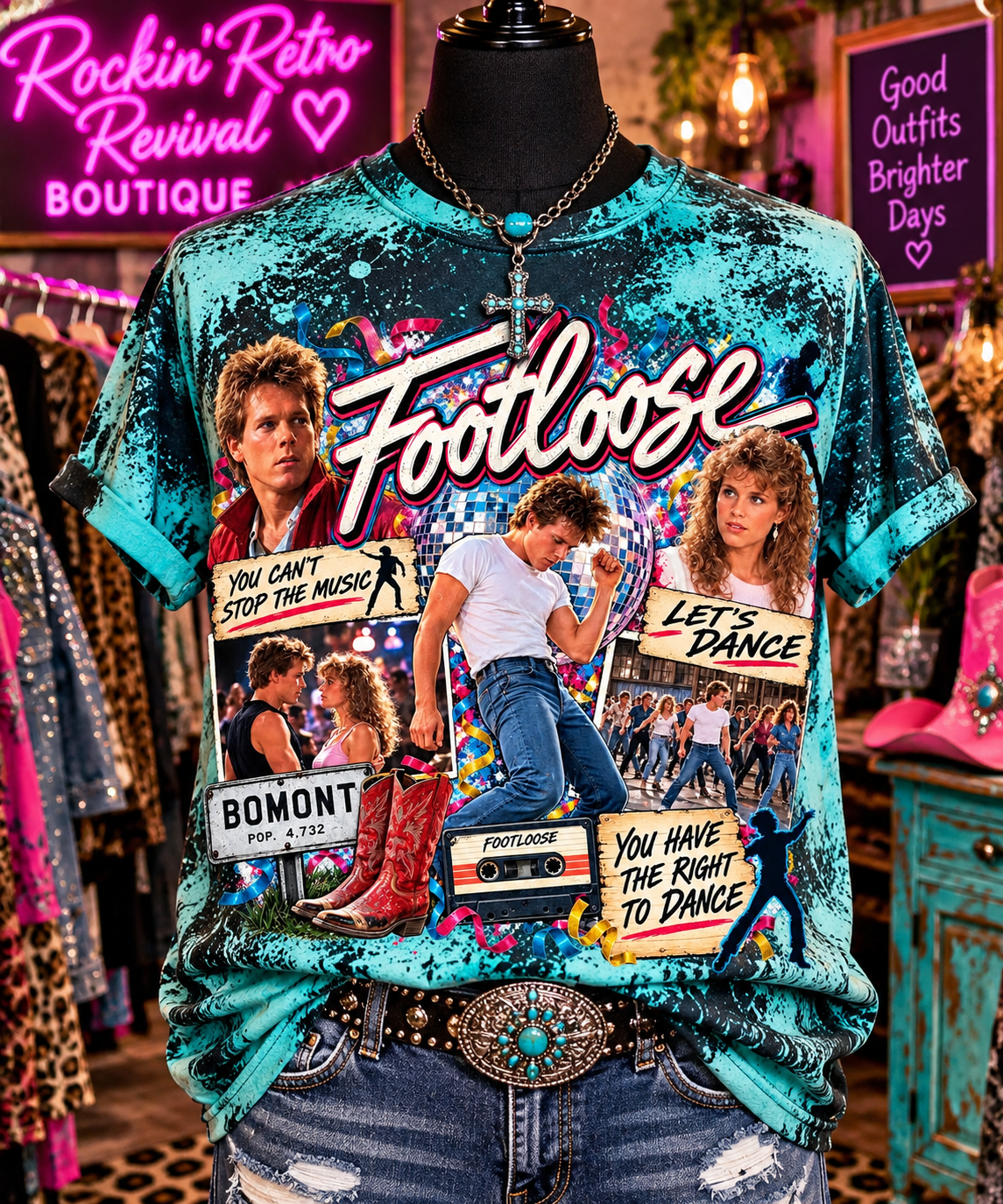 Footloose bleached teal graphic t-shirt with full-front collage featuring Ren, Ariel, disco ball and iconic quotes