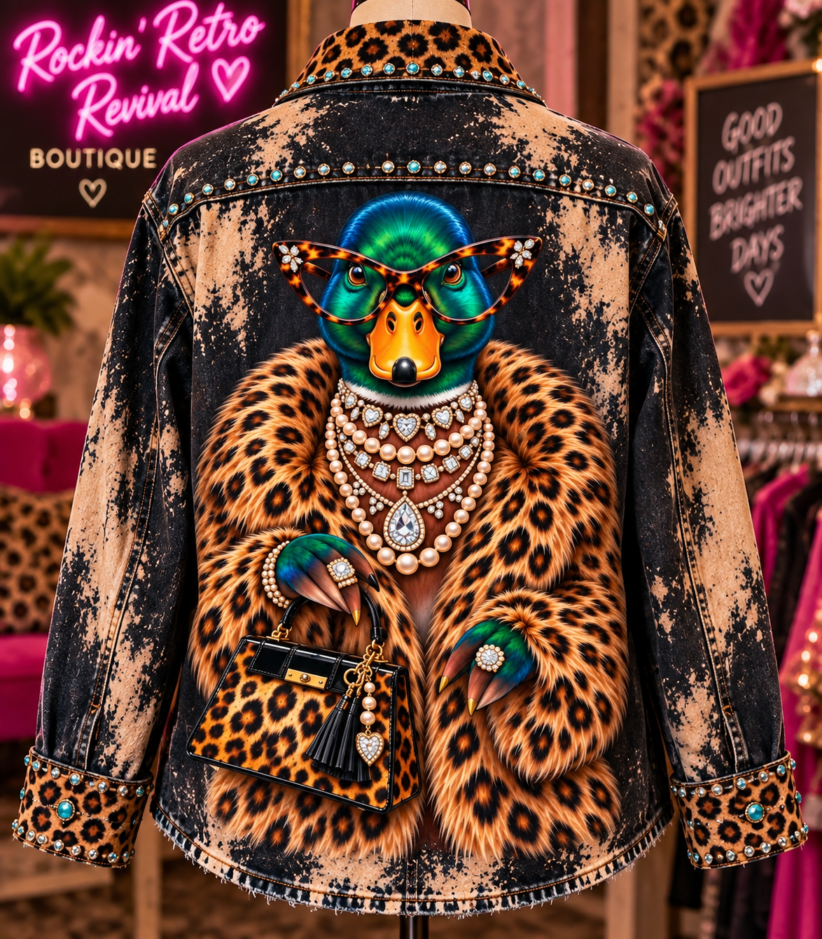 Glamorous Duck Leopard Rhinestone Bleached Denim Jacket