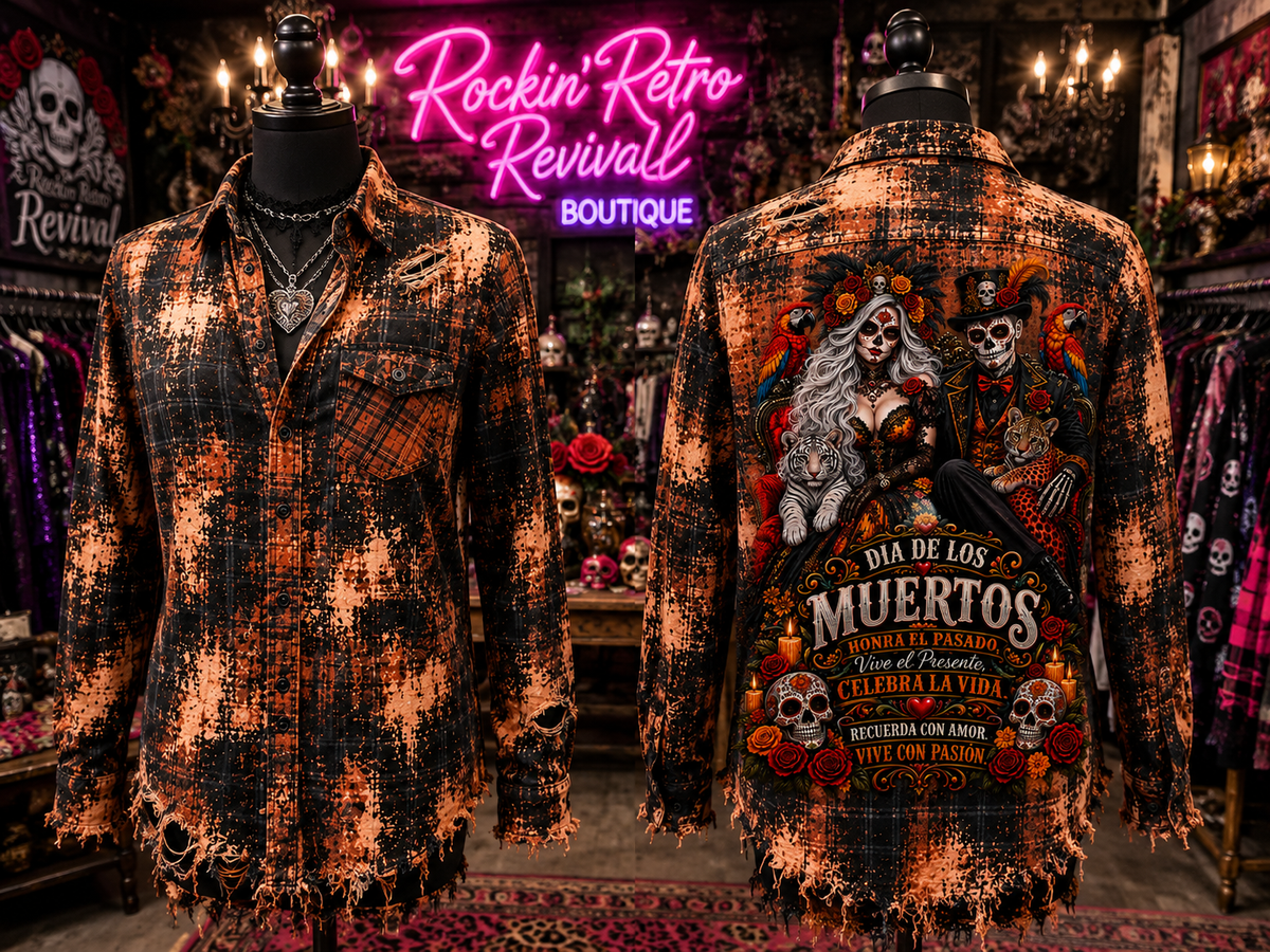Día de los Muertos Distressed Plaid Flannel Shirt