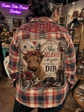 She Believed She Could Embellished Highland Cow Plaid Flannel Shirt