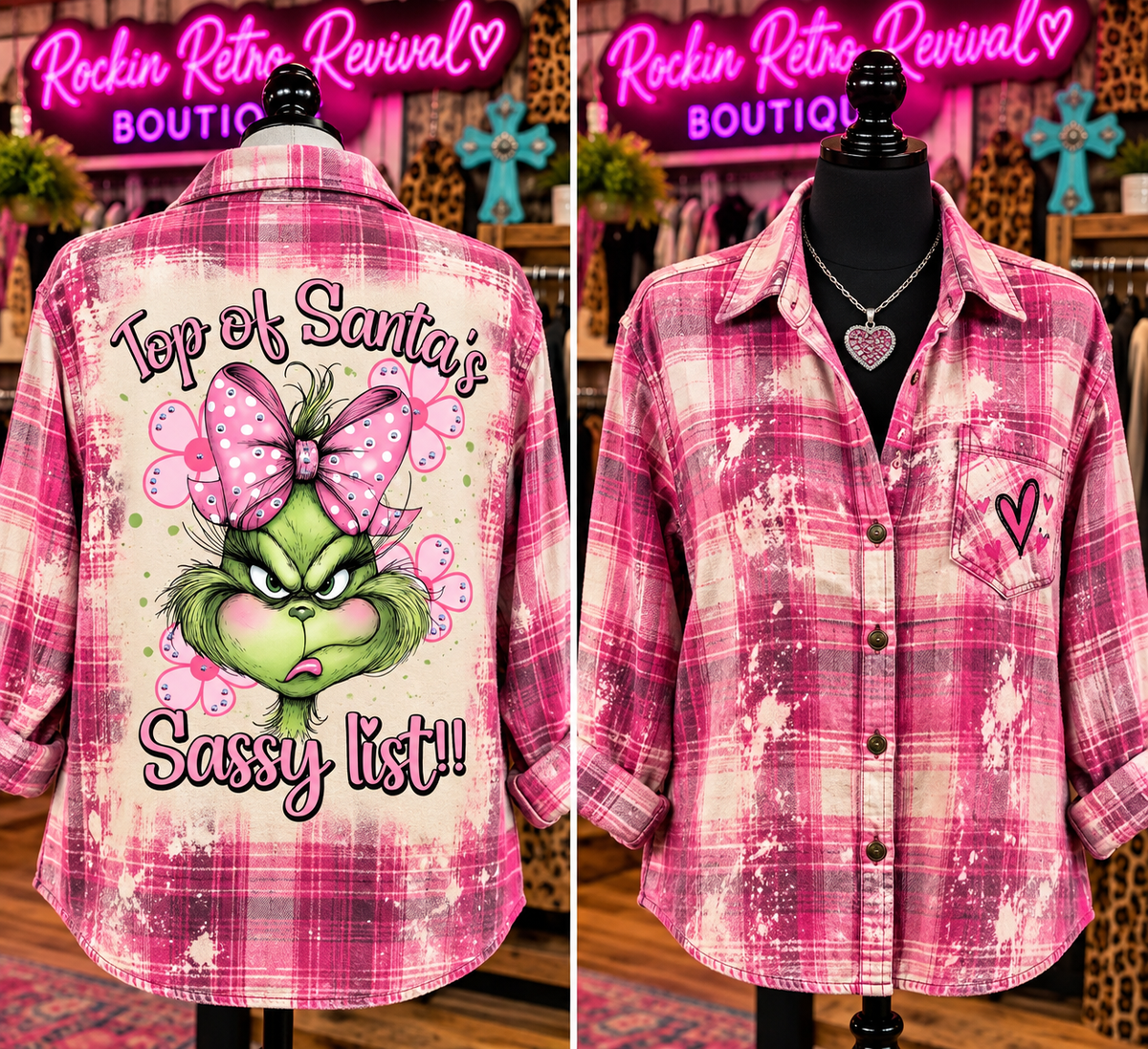 Top of Santa's Sassy List Grinch Bleached Flannel Shirt