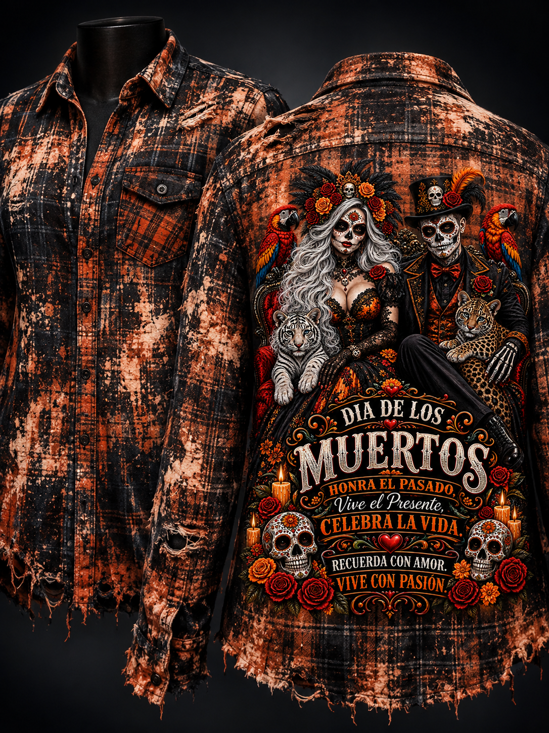 Día de los Muertos Distressed Plaid Flannel Shirt