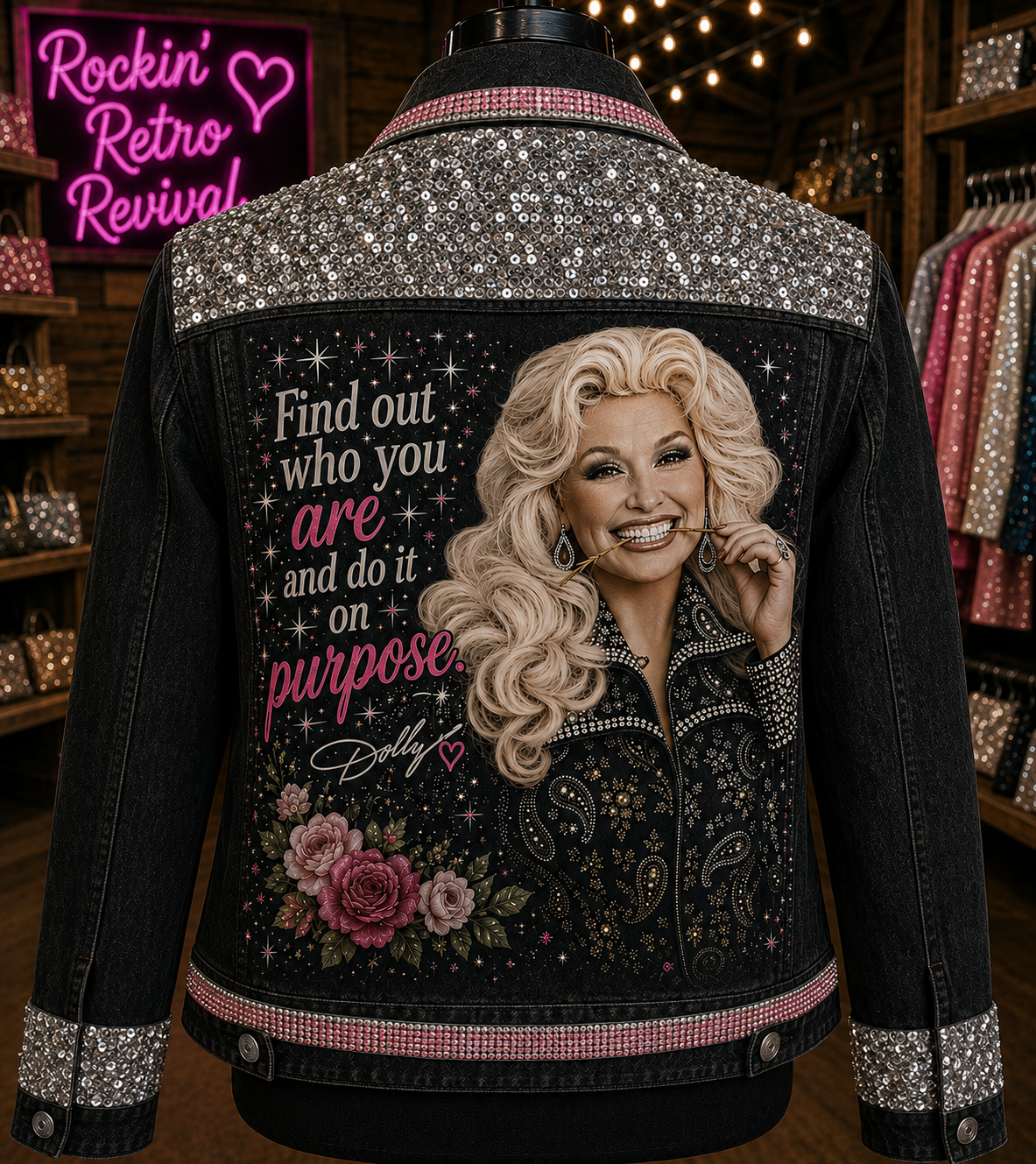 Dolly Parton Rhinestone Graphic Black Denim Jacket