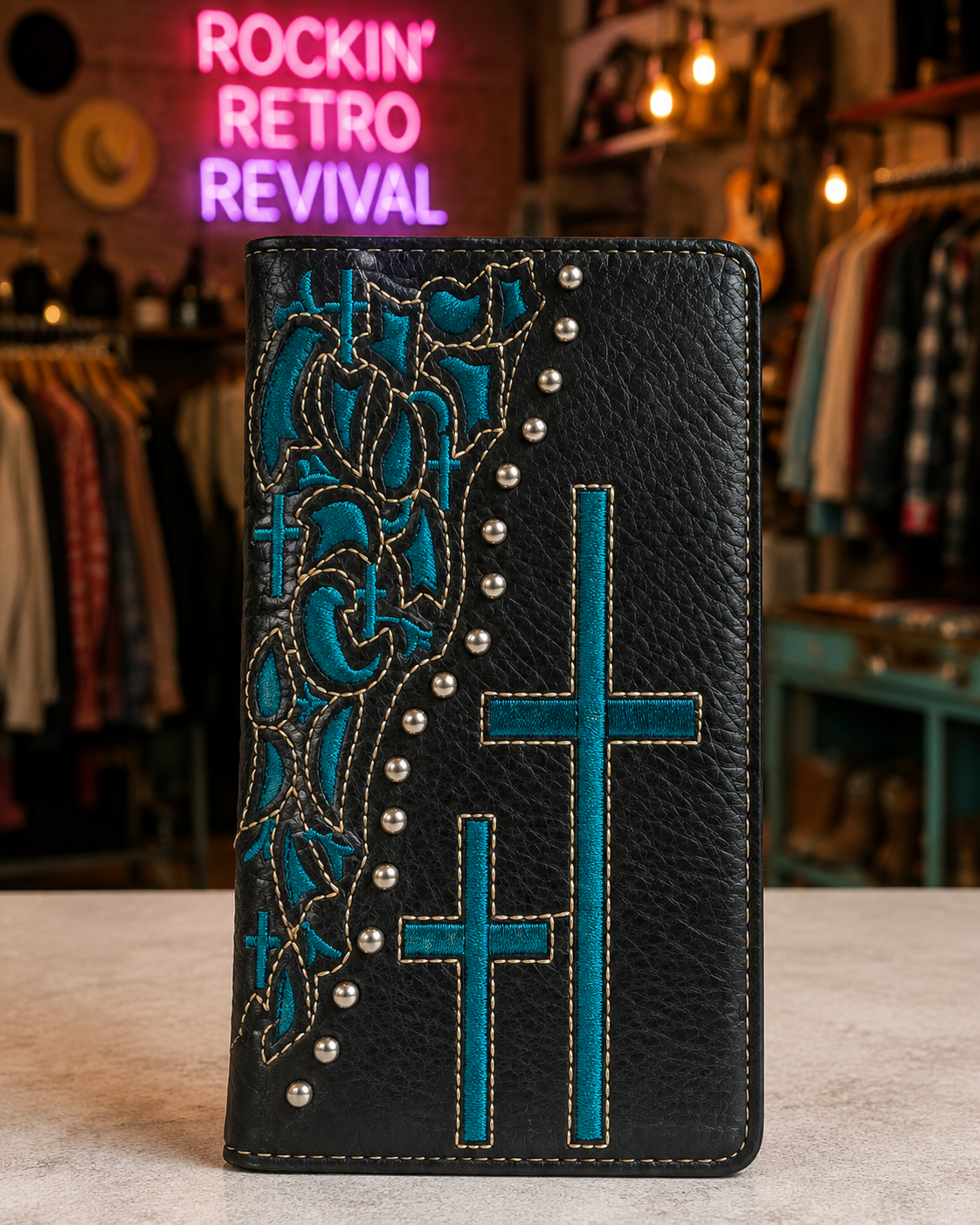 Black Faux-Leather Wallet Clutch – Turquoise Cross & Scroll