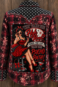 Why Take the High Road Psycho Path bleached red plaid shirt jacket back view with polka dot panels and rhinestone-framed pin-up graphic