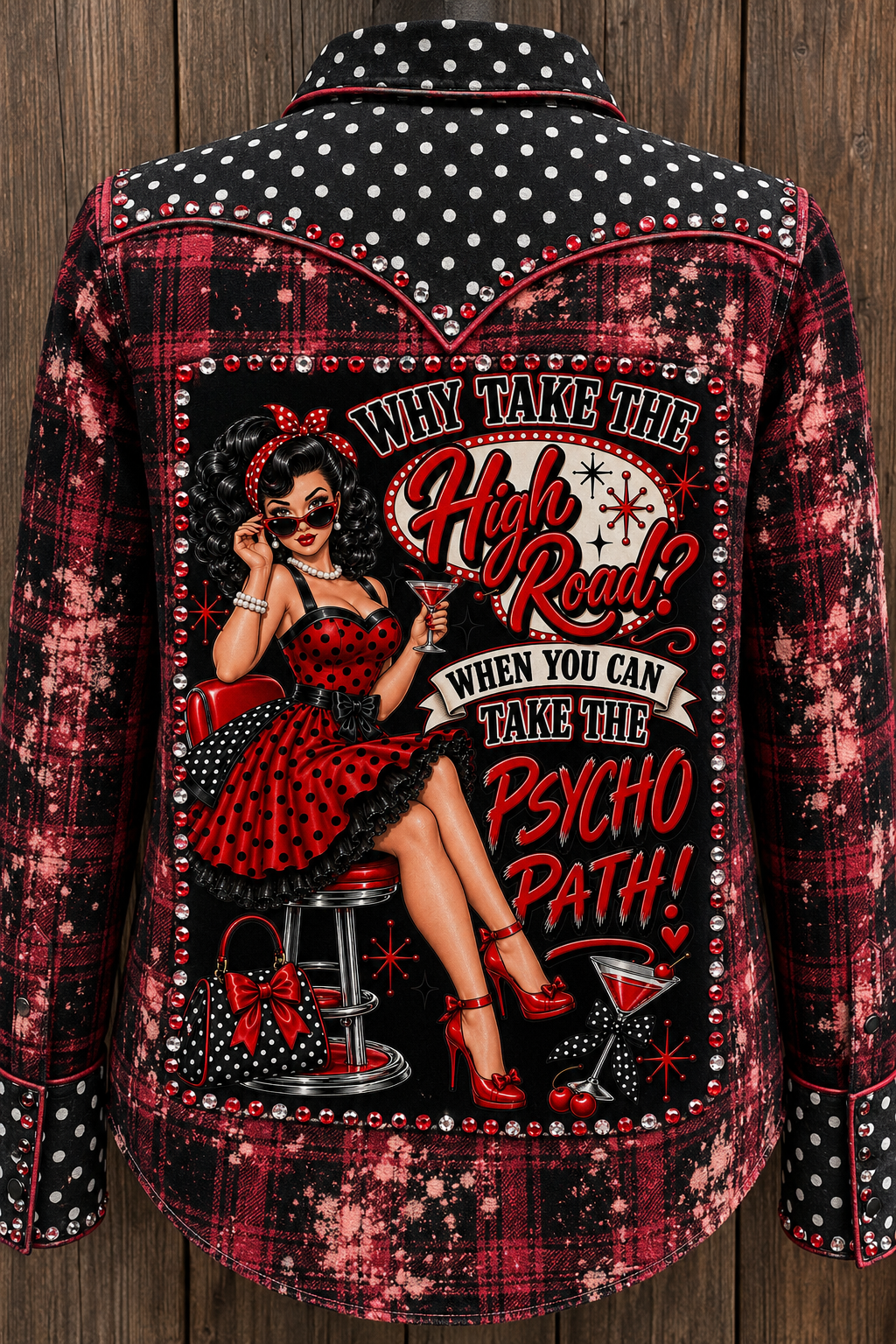 Why Take the High Road Psycho Path bleached red plaid shirt jacket back view with polka dot panels and rhinestone-framed pin-up graphic